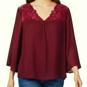 New Women's top Swiss dot w/Velvet Trim V-neck Lined Size 3X Burgundy New w/tag
